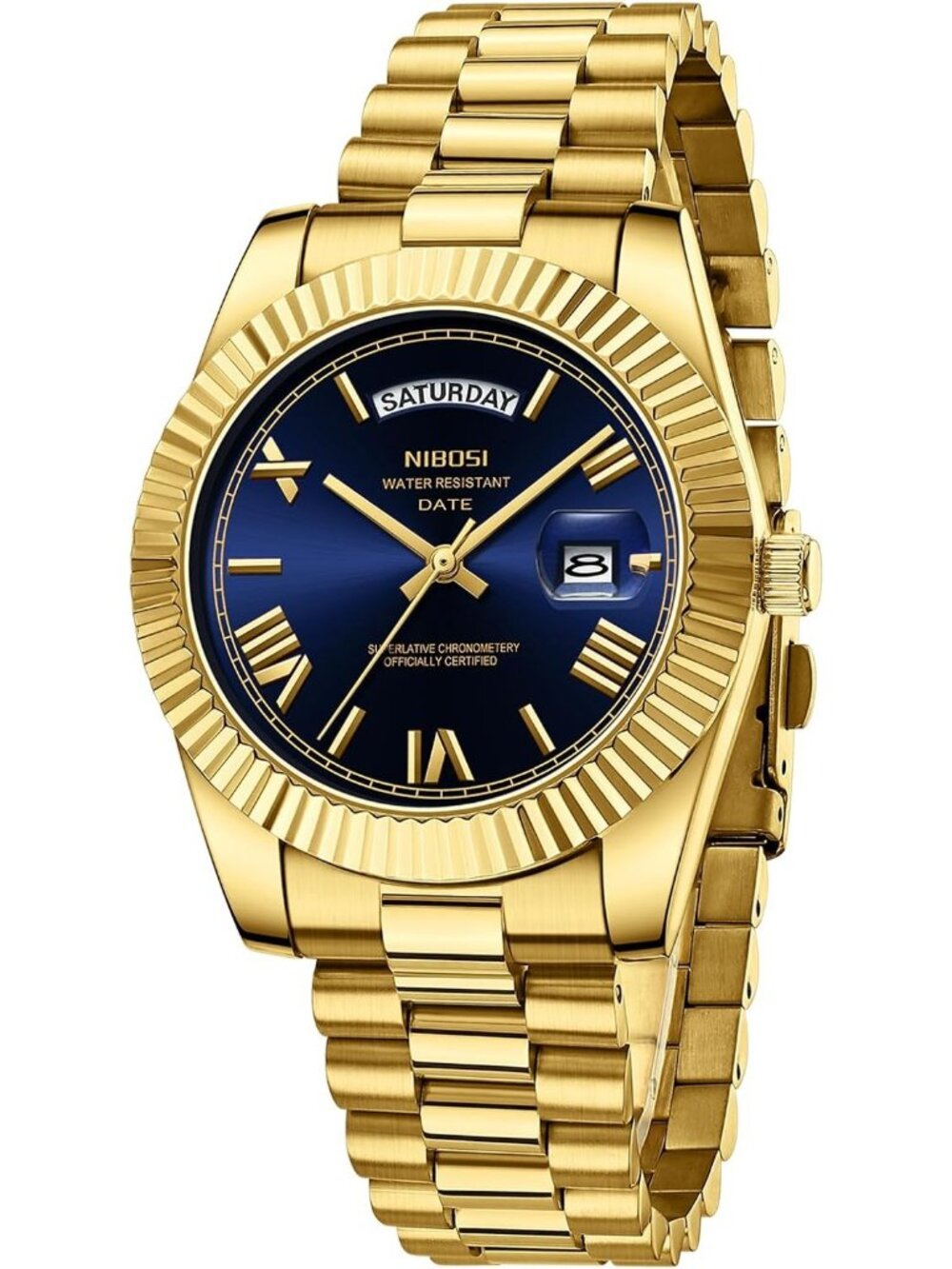 Nibosi Men's Gold Blue Analog Quartz Stainless Waterproof Desiger Wrist Watch